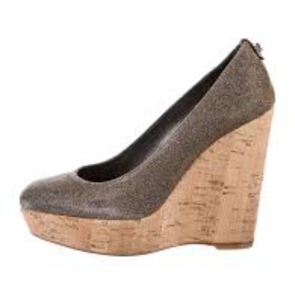 Stuart Weitzman Silver/Gold Glitter Lurex Fabric Cork Wedge Platform Pumps 10 - Picture 2 of 6